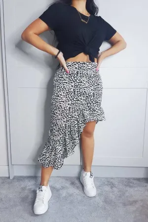 Satin Leopard Print Frill Midi Skirt - Black/White