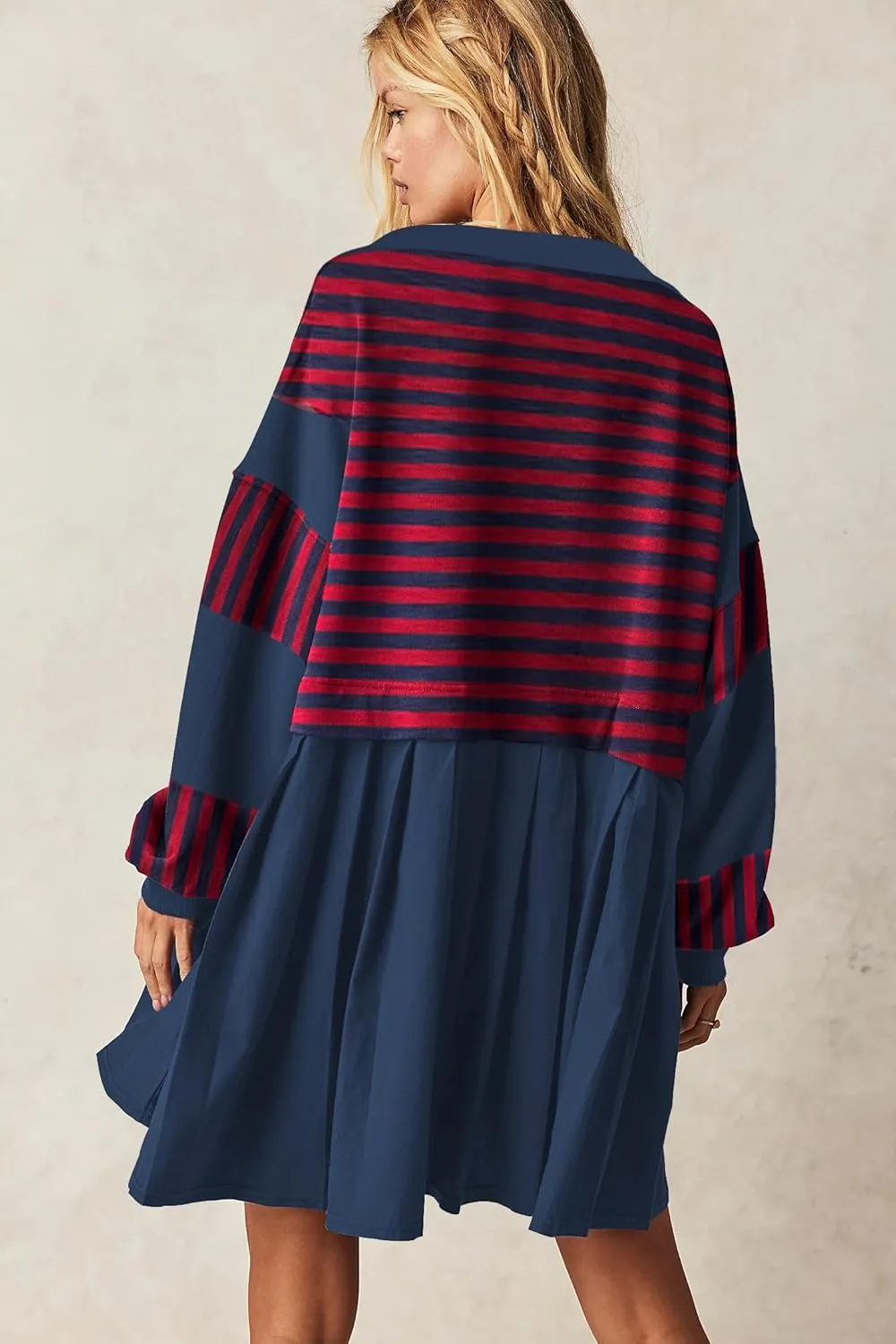 SAUKOLE Women’s Oversized Casual Sweatshirt Patchwork Dress Fall Long Sleeve Trendy Lapel Neck Pleated Mini Dress