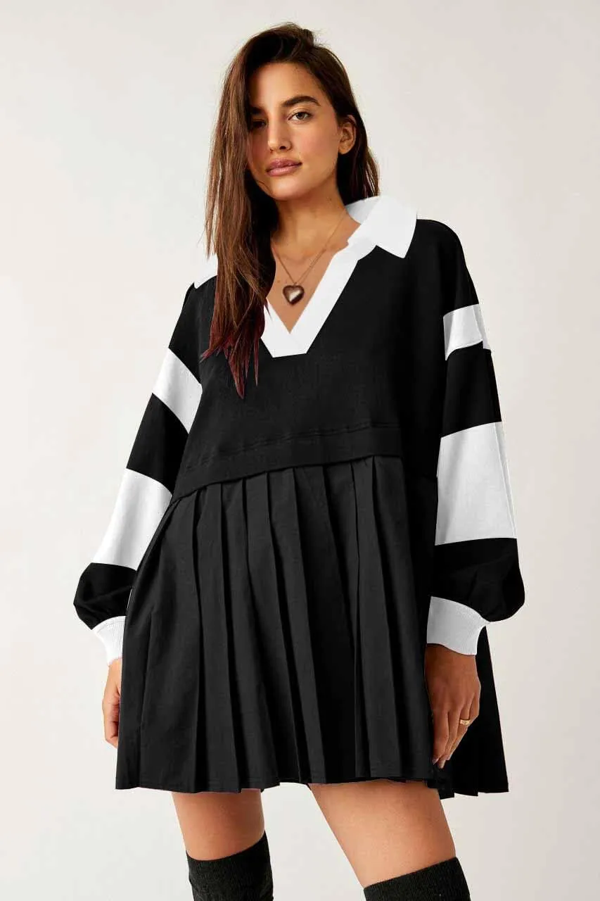 SAUKOLE Women’s Oversized Casual Sweatshirt Patchwork Dress Fall Long Sleeve Trendy Lapel Neck Pleated Mini Dress