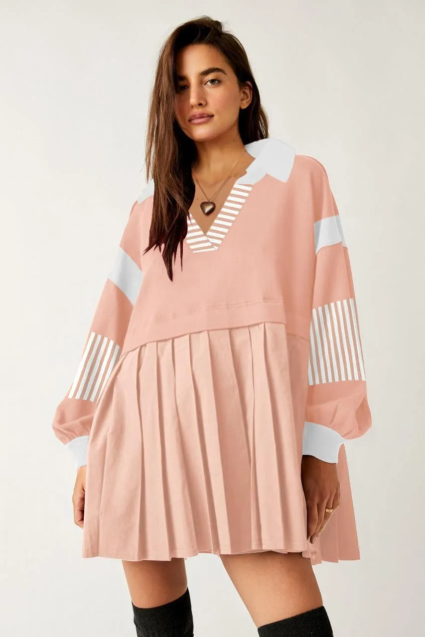 SAUKOLE Womens Oversized Casual Sweatshirt Patchwork Dress Fall Long Sleeve Trendy Lapel Neck Pleated Mini Dress