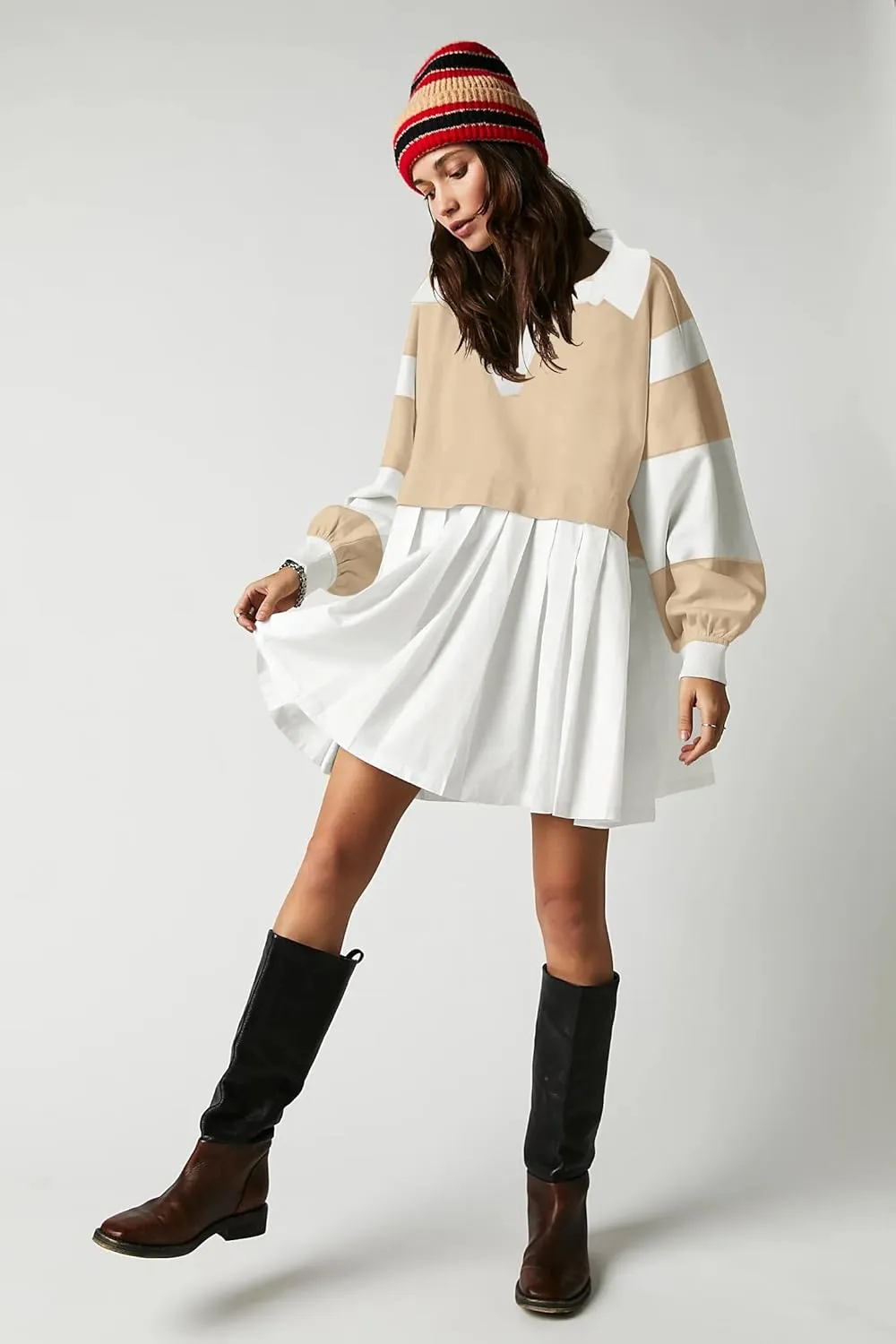 SAUKOLE Womens Oversized Casual Sweatshirt Patchwork Dress Fall Long Sleeve Trendy Lapel Neck Pleated Mini Dress