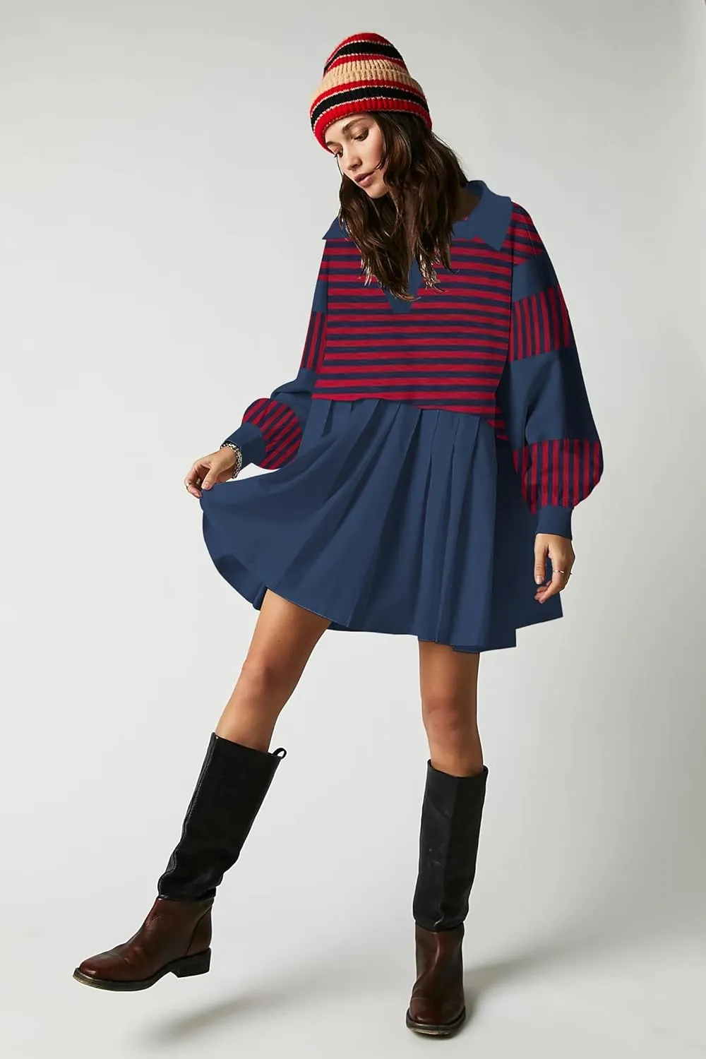 SAUKOLE Women’s Oversized Casual Sweatshirt Patchwork Dress Fall Long Sleeve Trendy Lapel Neck Pleated Mini Dress