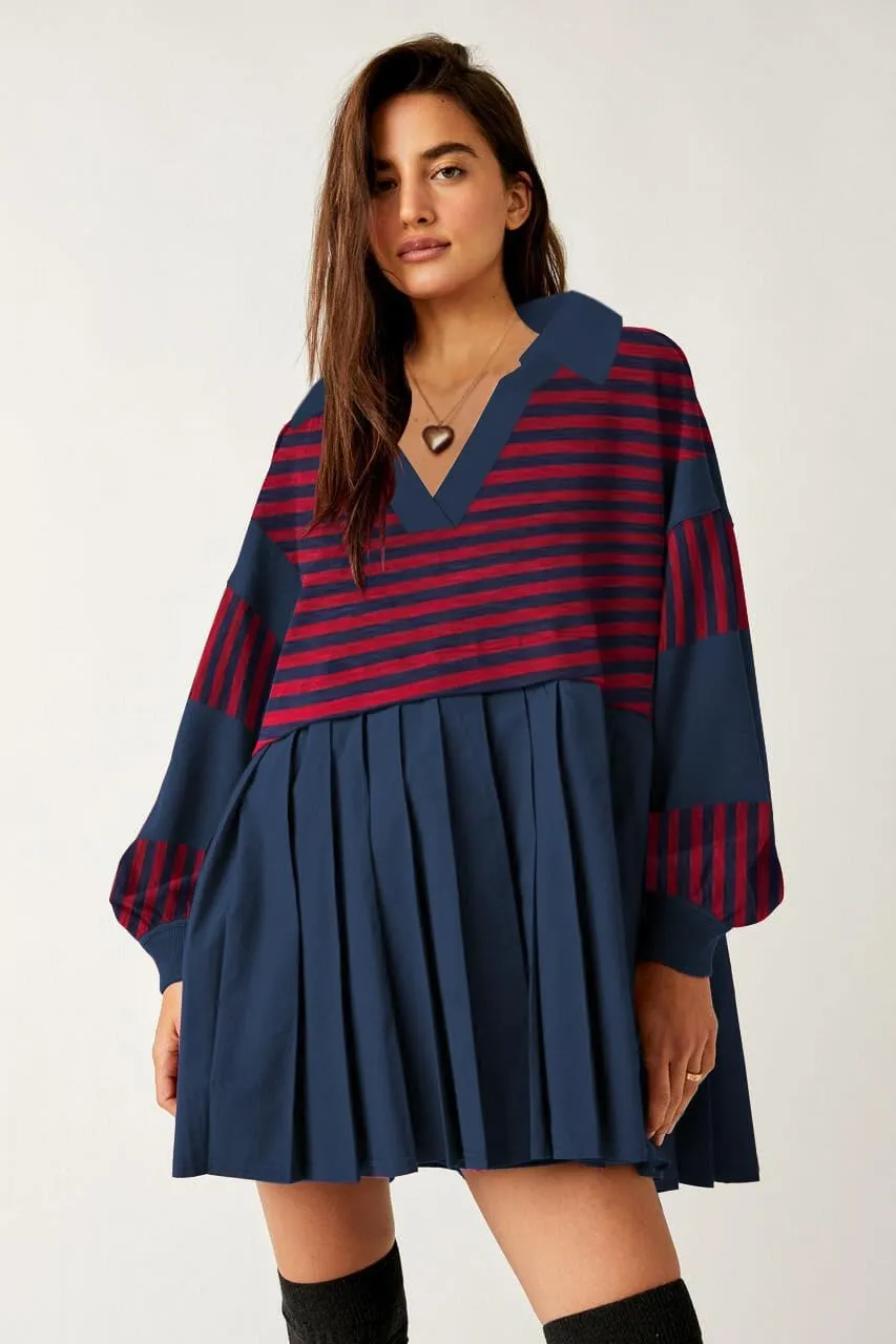 SAUKOLE Women’s Oversized Casual Sweatshirt Patchwork Dress Fall Long Sleeve Trendy Lapel Neck Pleated Mini Dress