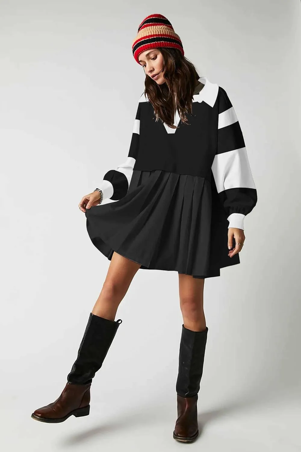 SAUKOLE Women’s Oversized Casual Sweatshirt Patchwork Dress Fall Long Sleeve Trendy Lapel Neck Pleated Mini Dress