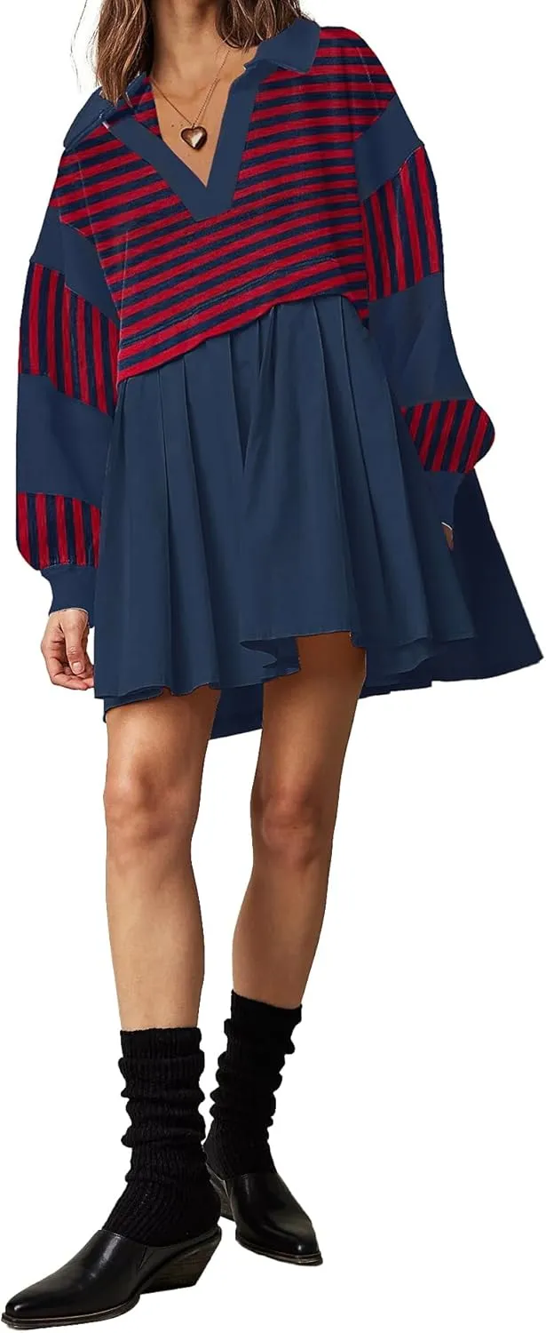 SAUKOLE Women’s Oversized Casual Sweatshirt Patchwork Dress Fall Long Sleeve Trendy Lapel Neck Pleated Mini Dress