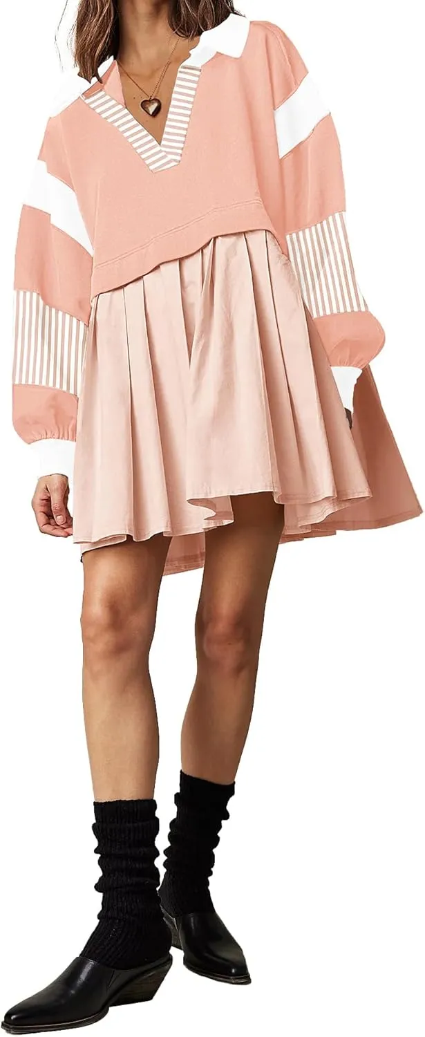 SAUKOLE Womens Oversized Casual Sweatshirt Patchwork Dress Fall Long Sleeve Trendy Lapel Neck Pleated Mini Dress