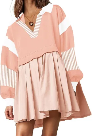 SAUKOLE Womens Oversized Casual Sweatshirt Patchwork Dress Fall Long Sleeve Trendy Lapel Neck Pleated Mini Dress