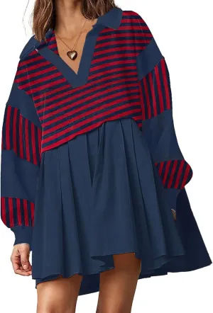 SAUKOLE Women’s Oversized Casual Sweatshirt Patchwork Dress Fall Long Sleeve Trendy Lapel Neck Pleated Mini Dress