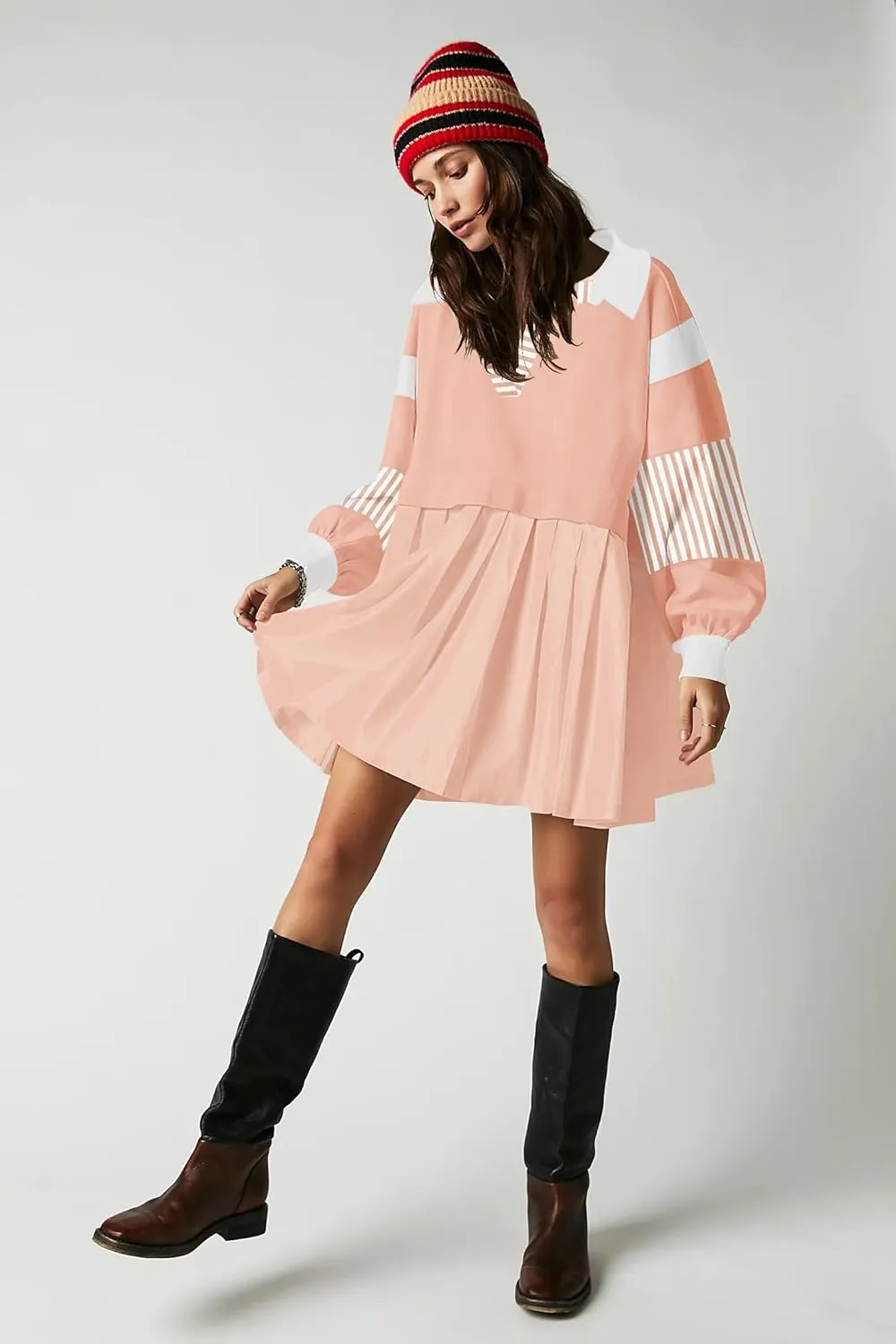SAUKOLE Womens Oversized Casual Sweatshirt Patchwork Dress Fall Long Sleeve Trendy Lapel Neck Pleated Mini Dress