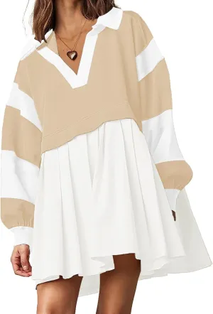 SAUKOLE Womens Oversized Casual Sweatshirt Patchwork Dress Fall Long Sleeve Trendy Lapel Neck Pleated Mini Dress