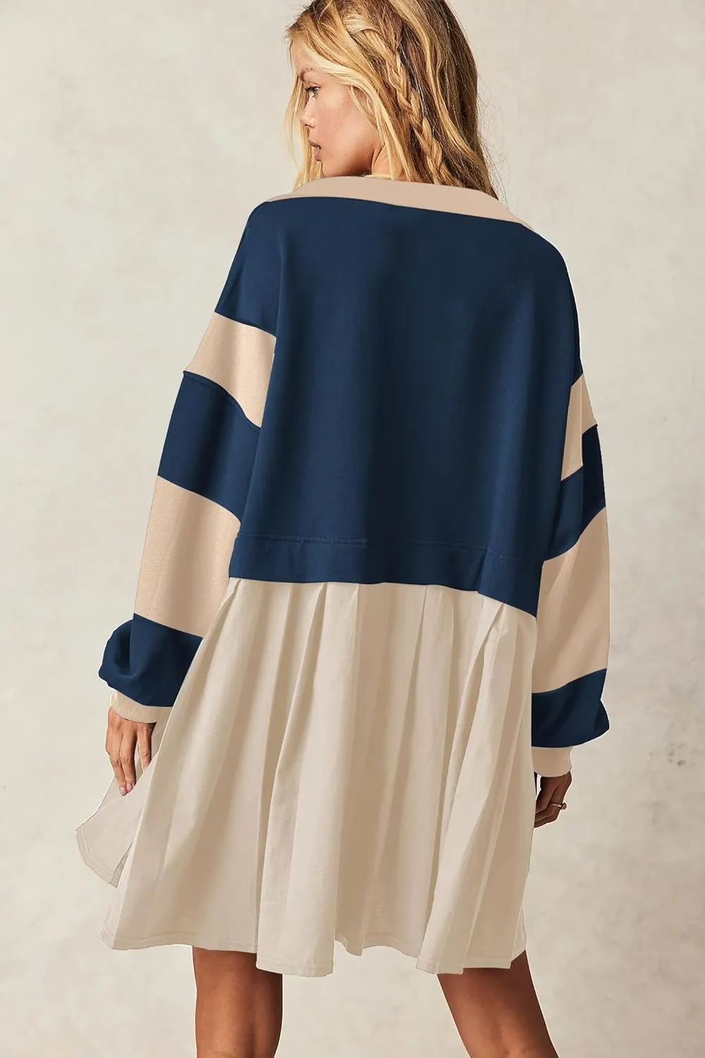 SAUKOLE Women’s Oversized Casual Sweatshirt Patchwork Dress Fall Long Sleeve Trendy Lapel Neck Pleated Mini Dress