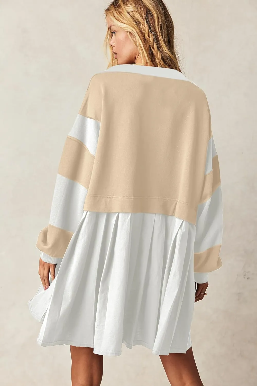 SAUKOLE Women’s Oversized Casual Sweatshirt Patchwork Dress Fall Long Sleeve Trendy Lapel Neck Pleated Mini Dress