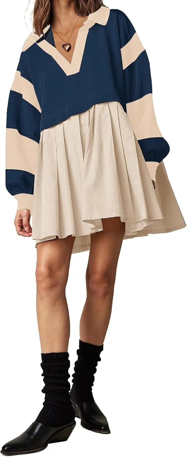 SAUKOLE Women’s Oversized Casual Sweatshirt Patchwork Dress Fall Long Sleeve Trendy Lapel Neck Pleated Mini Dress