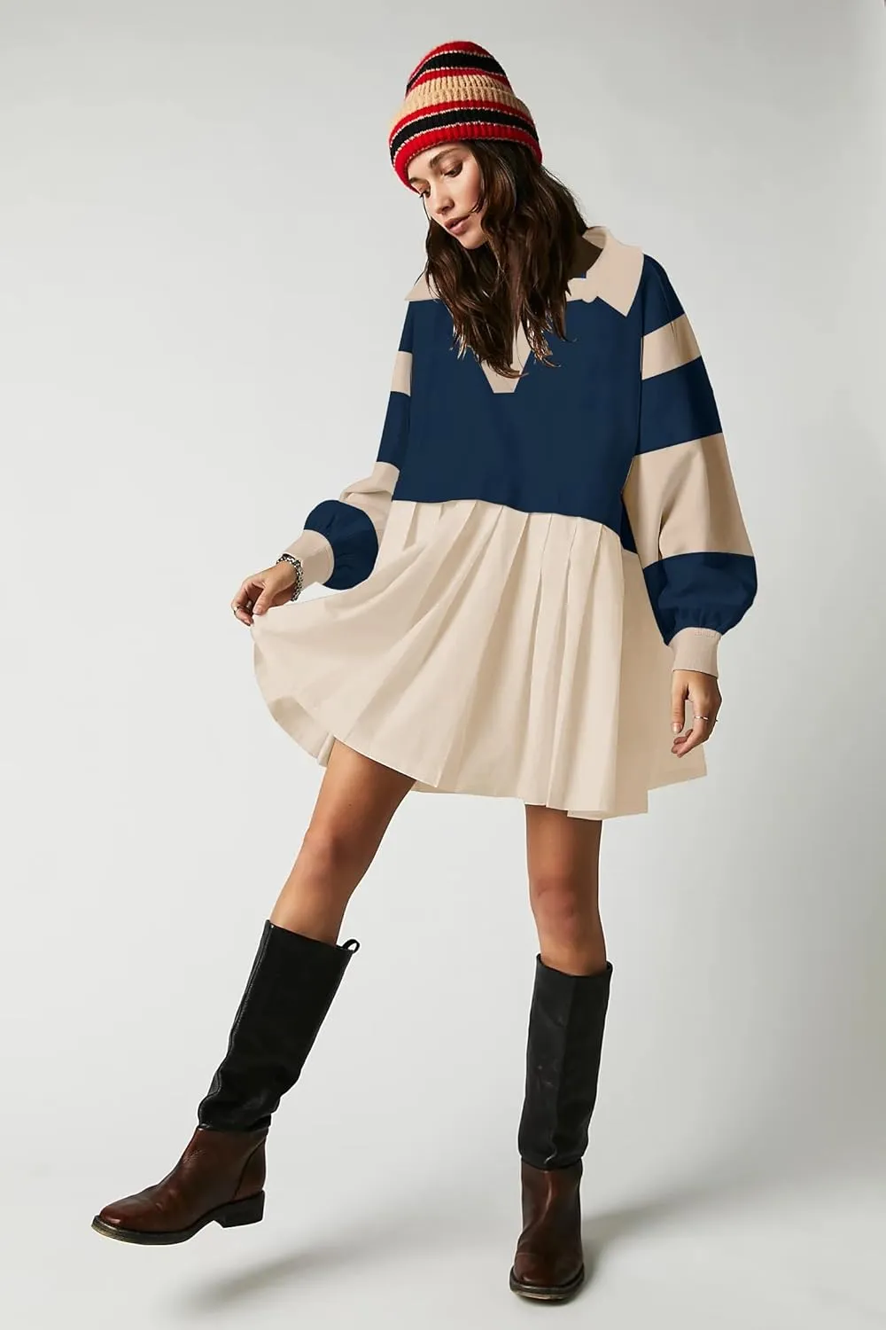 SAUKOLE Womens Oversized Casual Sweatshirt Patchwork Dress Fall Long Sleeve Trendy Lapel Neck Pleated Mini Dress