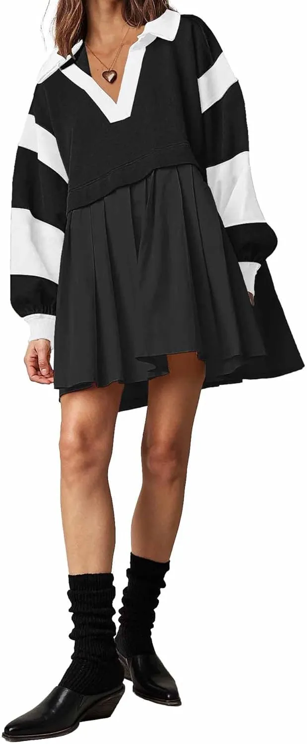 SAUKOLE Women’s Oversized Casual Sweatshirt Patchwork Dress Fall Long Sleeve Trendy Lapel Neck Pleated Mini Dress