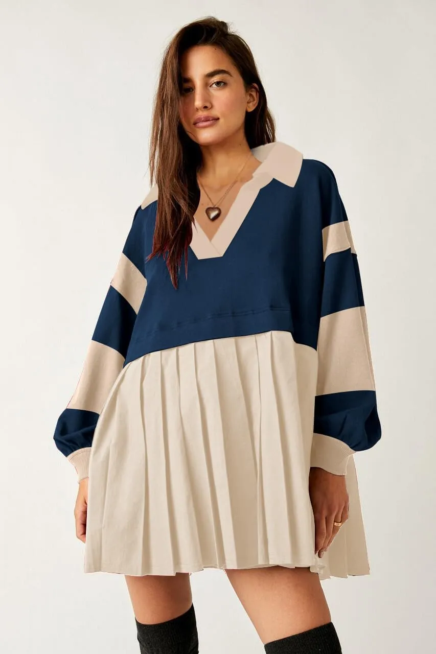 SAUKOLE Women’s Oversized Casual Sweatshirt Patchwork Dress Fall Long Sleeve Trendy Lapel Neck Pleated Mini Dress