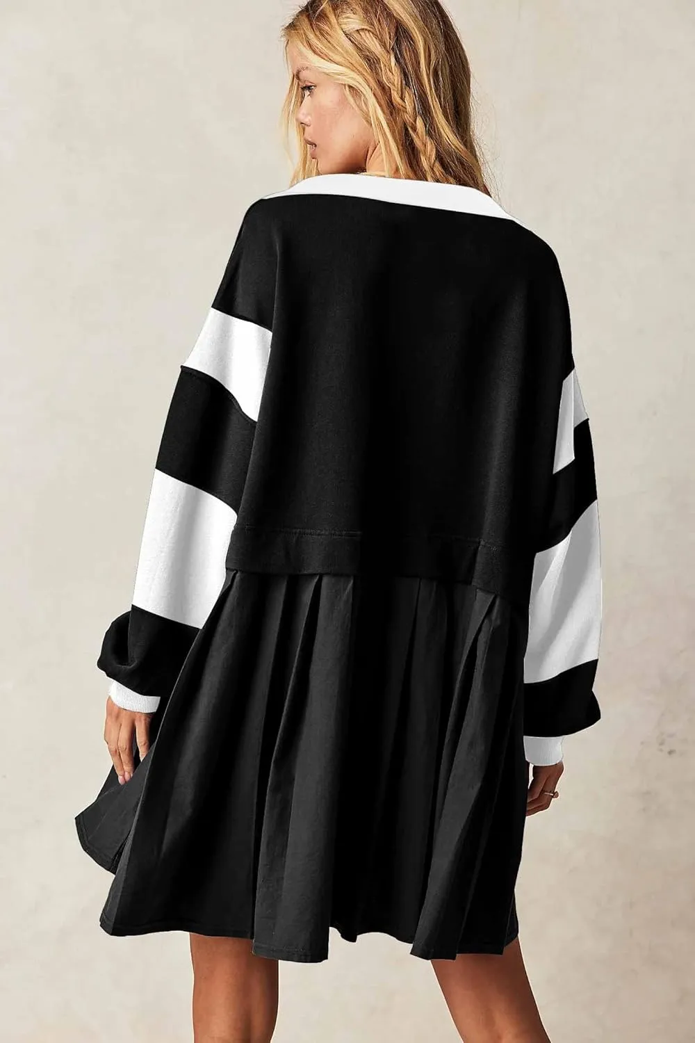 SAUKOLE Women’s Oversized Casual Sweatshirt Patchwork Dress Fall Long Sleeve Trendy Lapel Neck Pleated Mini Dress