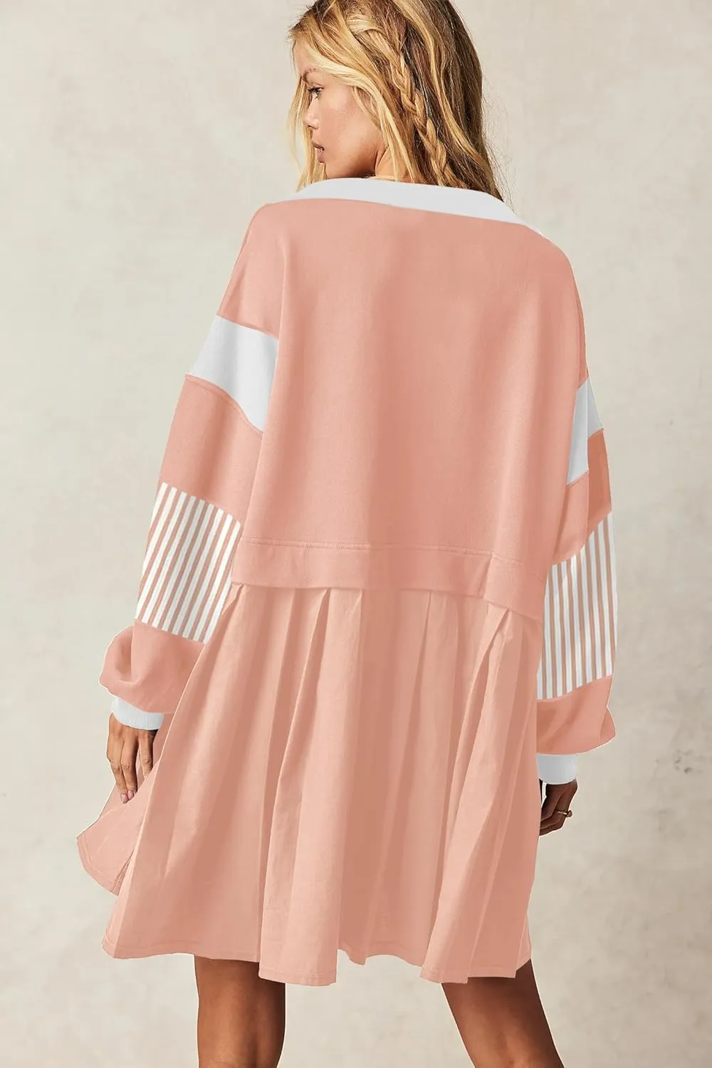 SAUKOLE Womens Oversized Casual Sweatshirt Patchwork Dress Fall Long Sleeve Trendy Lapel Neck Pleated Mini Dress