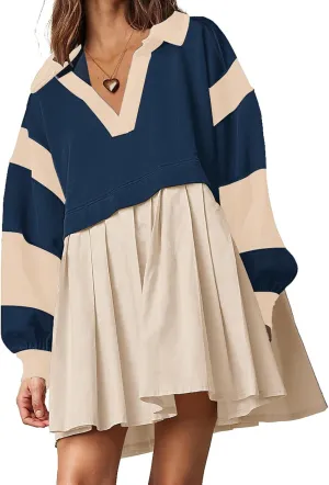 SAUKOLE Women’s Oversized Casual Sweatshirt Patchwork Dress Fall Long Sleeve Trendy Lapel Neck Pleated Mini Dress