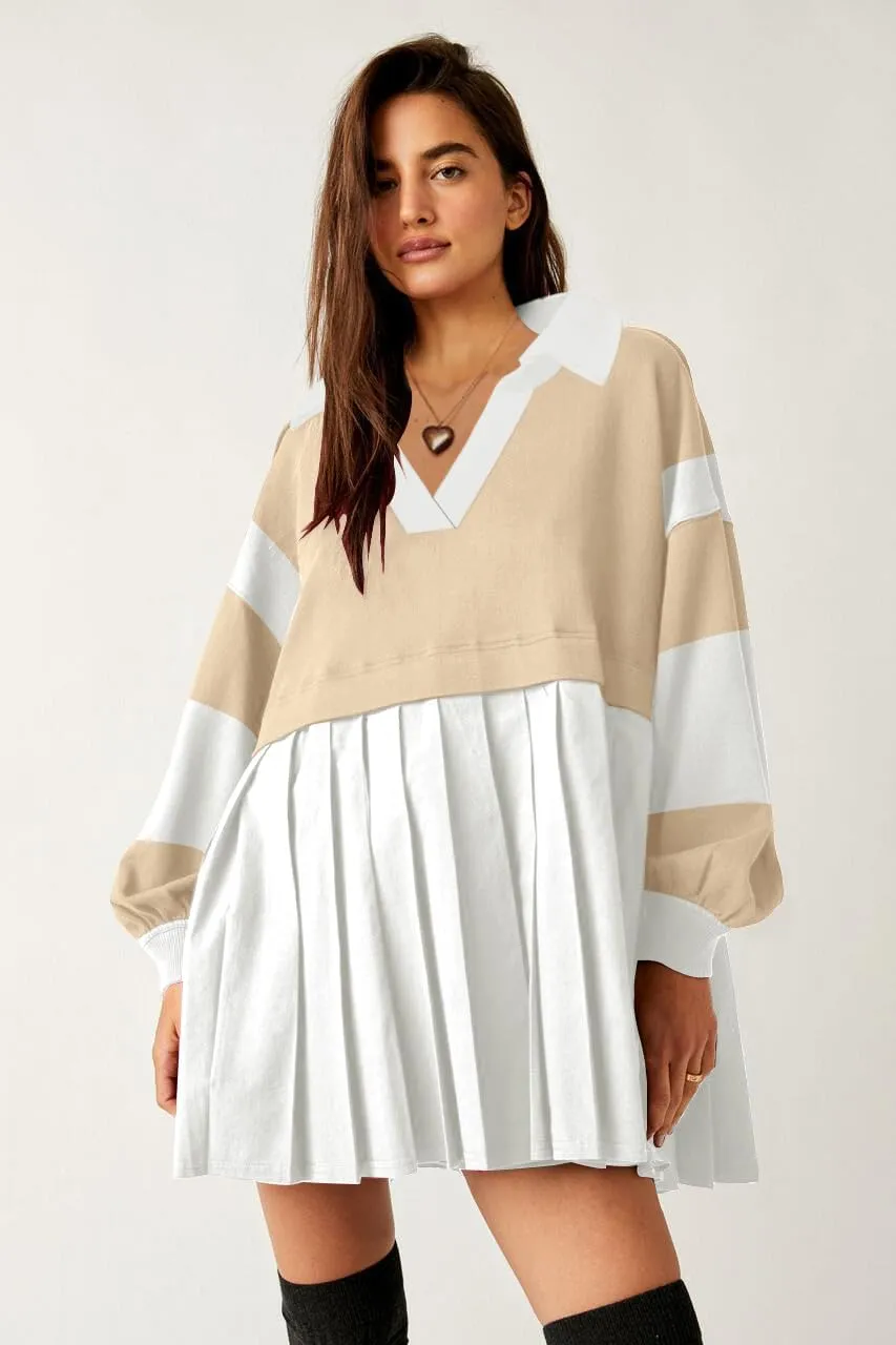 SAUKOLE Womens Oversized Casual Sweatshirt Patchwork Dress Fall Long Sleeve Trendy Lapel Neck Pleated Mini Dress
