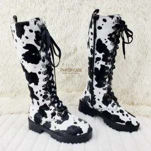 Savage Goth Punk Rock Faux Cow Fur Lace Up Platform Combat Knee Boots
