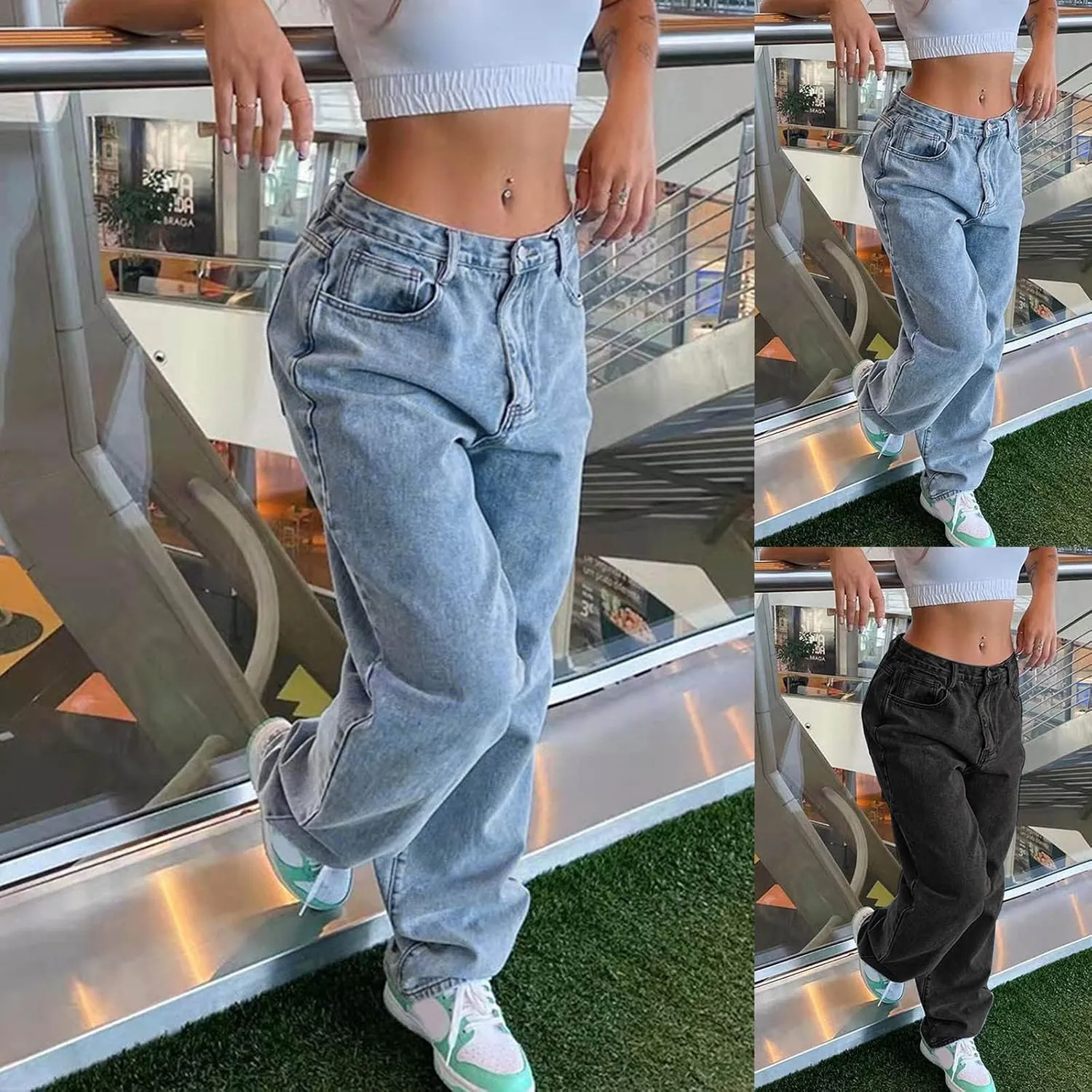 sdbrld Baggy Jeans for Women,Womens Jeans High Waisted Wide Leg Trousers Denim Cargo Pants 90s Y2K Boyfriend Streetwear Jeans