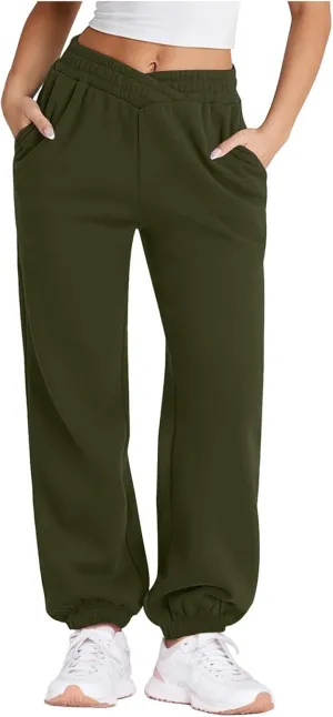sdbrld Sweatpants Women Baggy Trendy 2024 Fleece Lined Sweats Wide Leg High Waisted Trousers Womens Crossover Lounge Joggers