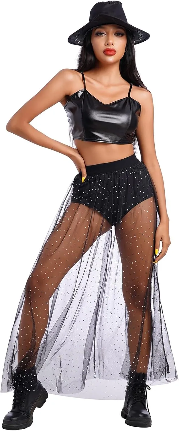 See Through Mesh Skirts Rave Outfits for Women 2 in 1 Sheer Skirt Music Festival Outfit Clubwear High Waist A Line Maxi Skirt