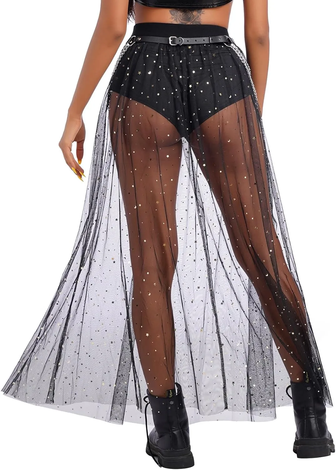 See Through Mesh Skirts Rave Outfits for Women 2 in 1 Sheer Skirt Music Festival Outfit Clubwear High Waist A Line Maxi Skirt