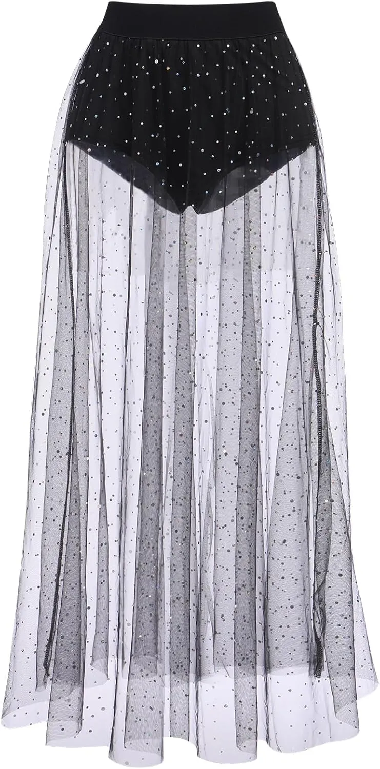 See Through Mesh Skirts Rave Outfits for Women 2 in 1 Sheer Skirt Music Festival Outfit Clubwear High Waist A Line Maxi Skirt
