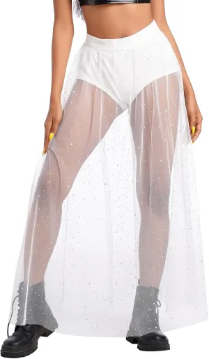 See Through Mesh Skirts Rave Outfits for Women 2 in 1 Sheer Skirt Music Festival Outfit Clubwear High Waist A Line Maxi Skirt
