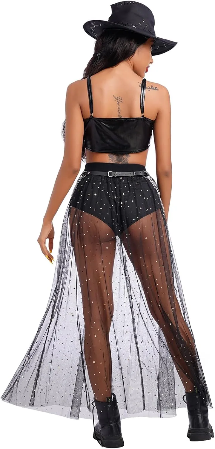 See Through Mesh Skirts Rave Outfits for Women 2 in 1 Sheer Skirt Music Festival Outfit Clubwear High Waist A Line Maxi Skirt