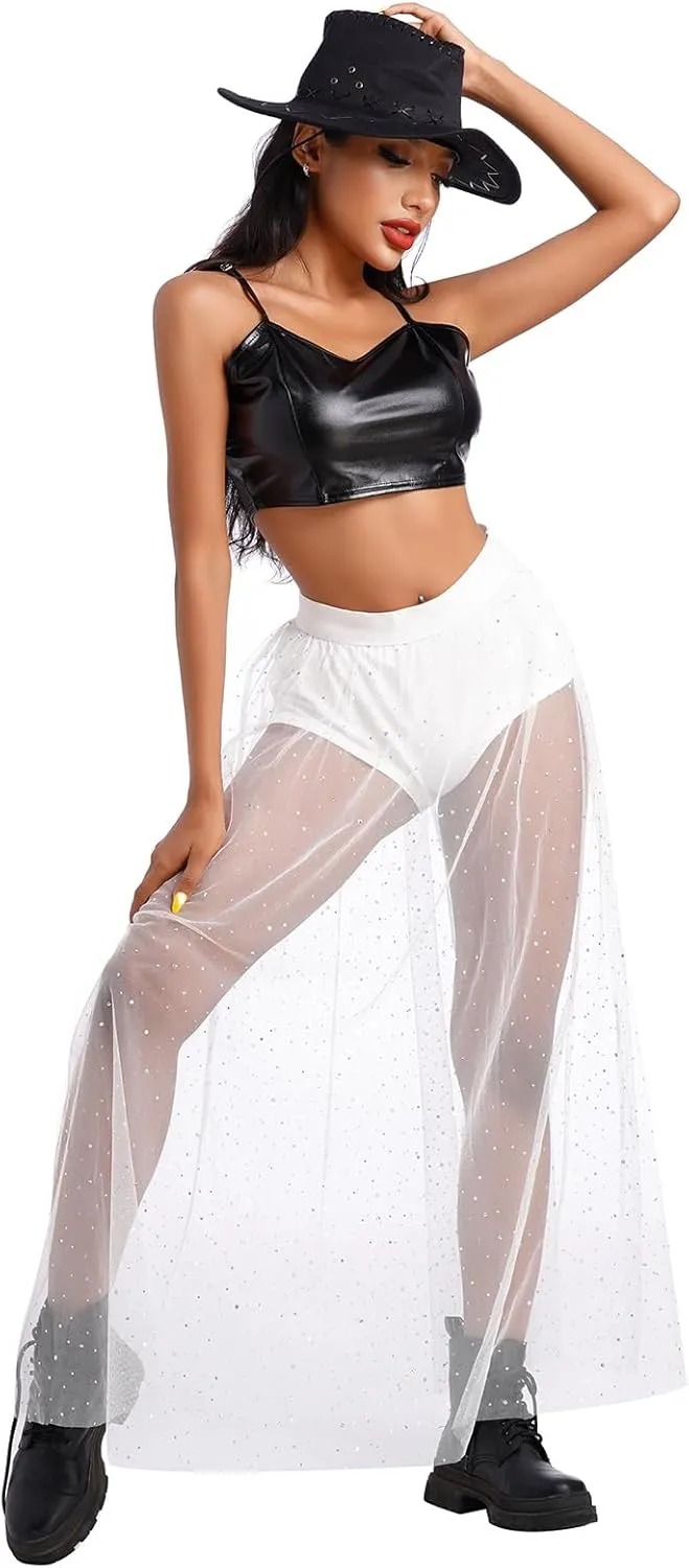 See Through Mesh Skirts Rave Outfits for Women 2 in 1 Sheer Skirt Music Festival Outfit Clubwear High Waist A Line Maxi Skirt