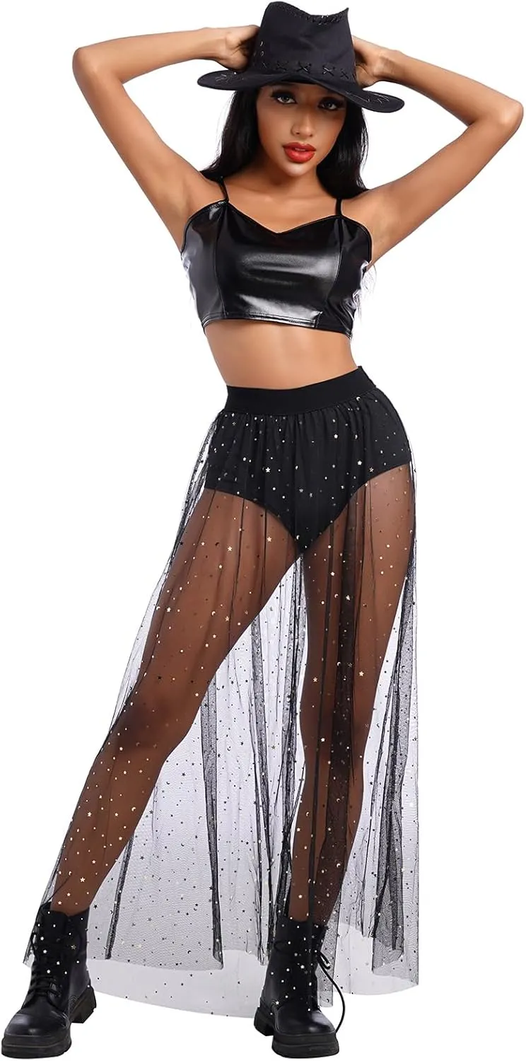 See Through Mesh Skirts Rave Outfits for Women 2 in 1 Sheer Skirt Music Festival Outfit Clubwear High Waist A Line Maxi Skirt