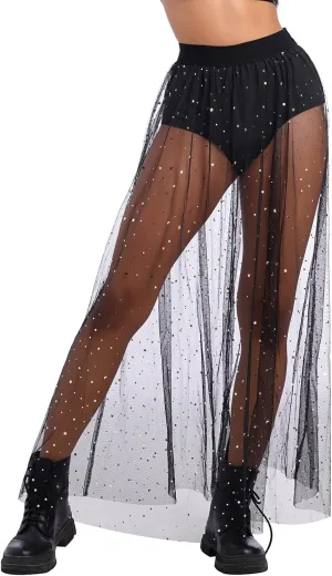 See Through Mesh Skirts Rave Outfits for Women 2 in 1 Sheer Skirt Music Festival Outfit Clubwear High Waist A Line Maxi Skirt