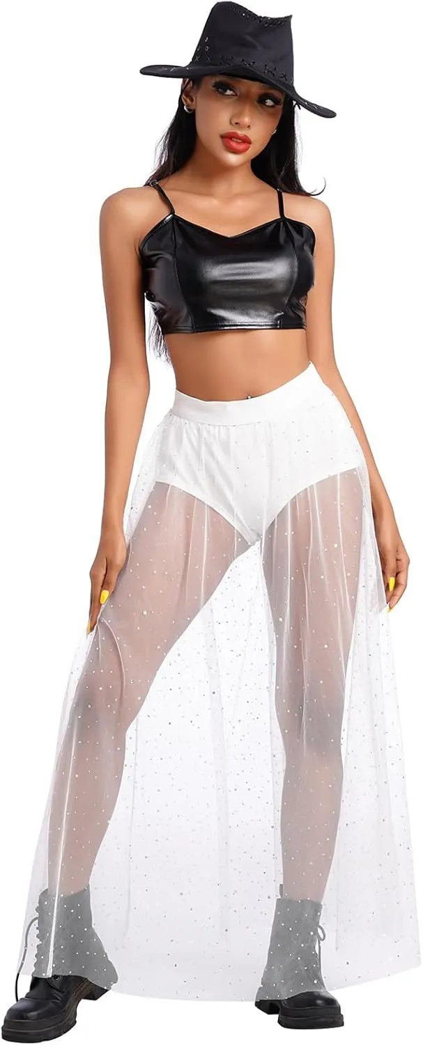 See Through Mesh Skirts Rave Outfits for Women 2 in 1 Sheer Skirt Music Festival Outfit Clubwear High Waist A Line Maxi Skirt