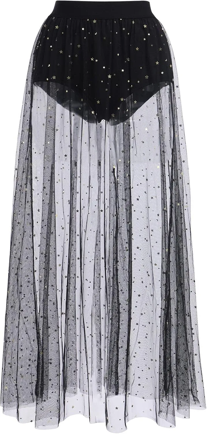 See Through Mesh Skirts Rave Outfits for Women 2 in 1 Sheer Skirt Music Festival Outfit Clubwear High Waist A Line Maxi Skirt