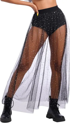 See Through Mesh Skirts Rave Outfits for Women 2 in 1 Sheer Skirt Music Festival Outfit Clubwear High Waist A Line Maxi Skirt