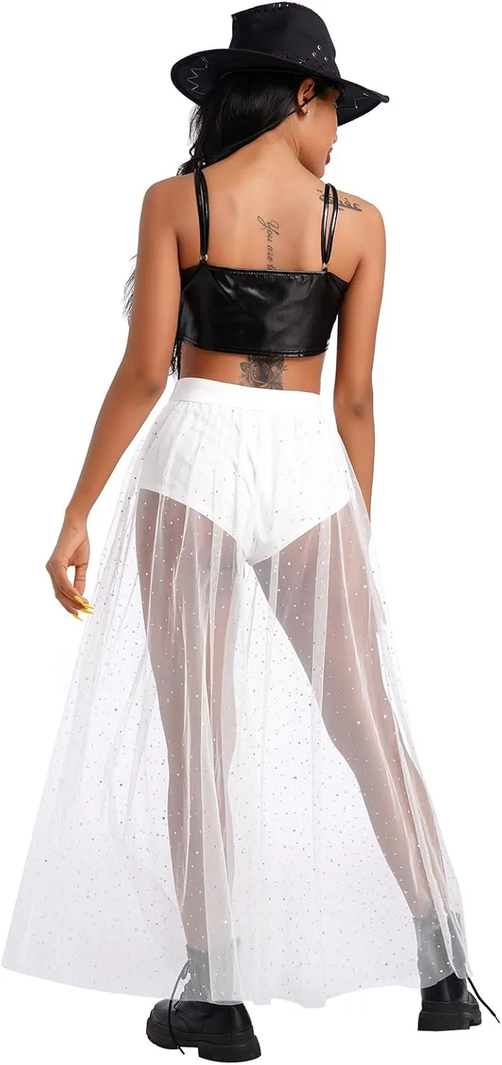 See Through Mesh Skirts Rave Outfits for Women 2 in 1 Sheer Skirt Music Festival Outfit Clubwear High Waist A Line Maxi Skirt