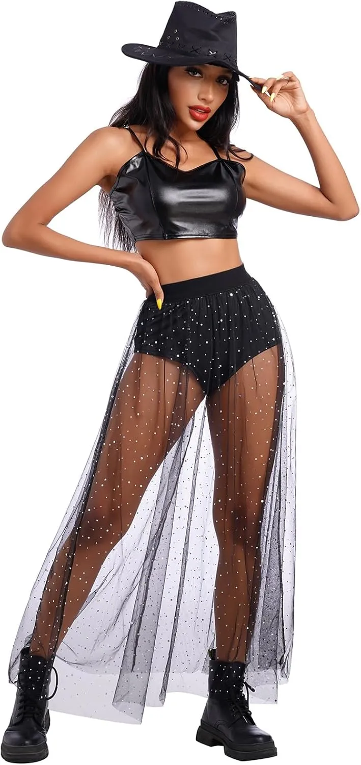 See Through Mesh Skirts Rave Outfits for Women 2 in 1 Sheer Skirt Music Festival Outfit Clubwear High Waist A Line Maxi Skirt