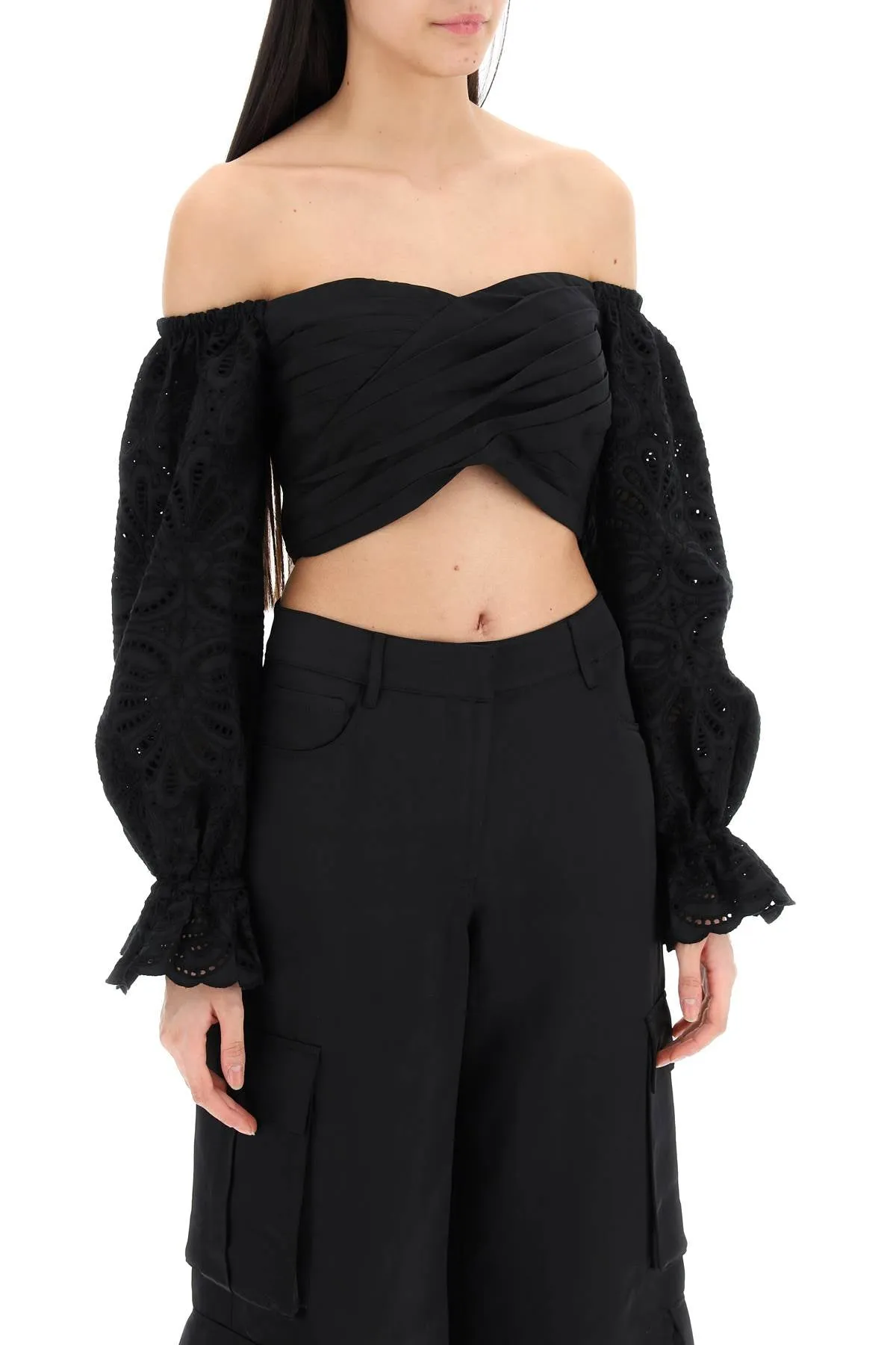 Self portrait off-shoulder top with sangallo SS24 196T B BLACK