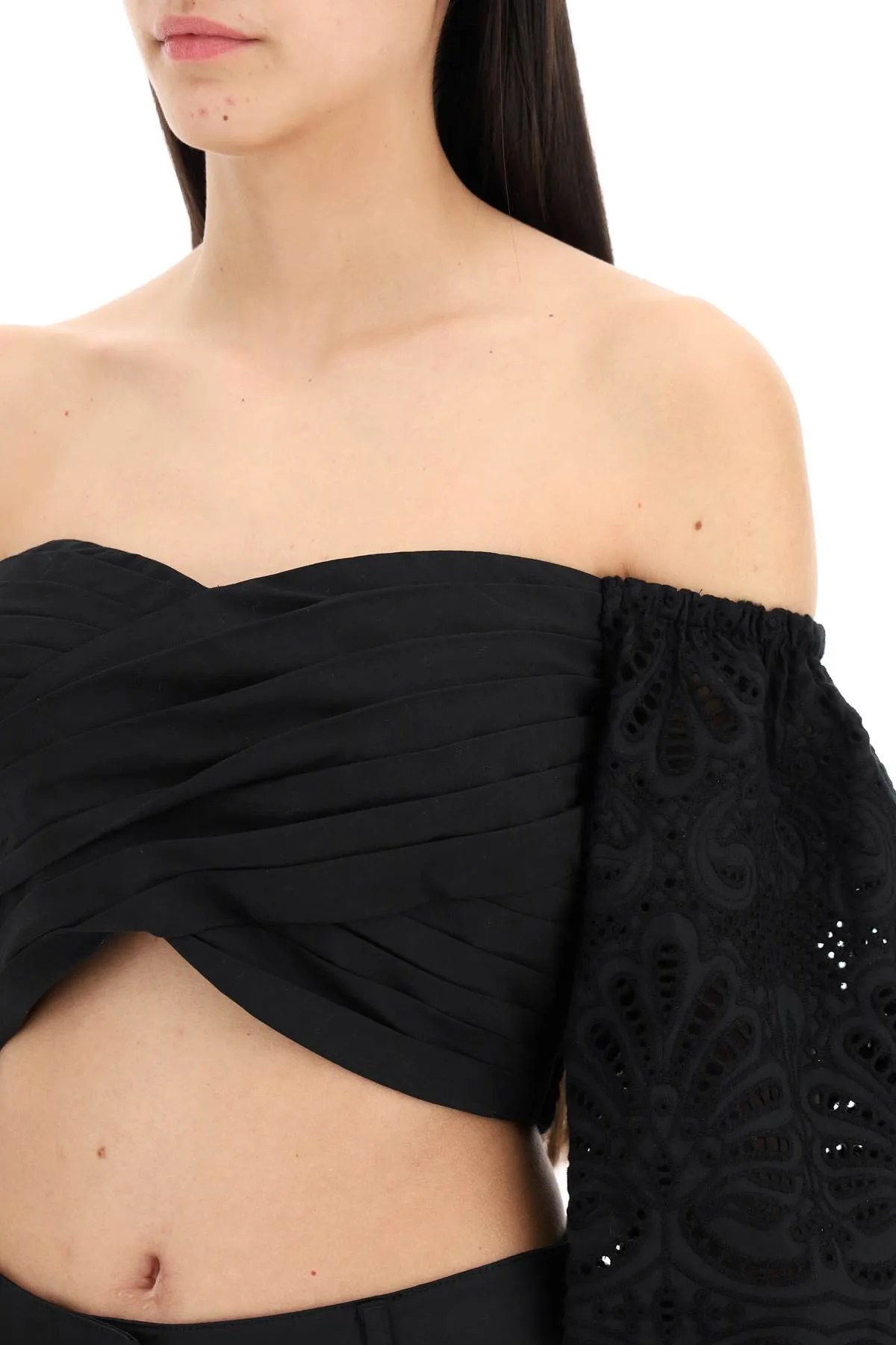 Self portrait off-shoulder top with sangallo SS24 196T B BLACK