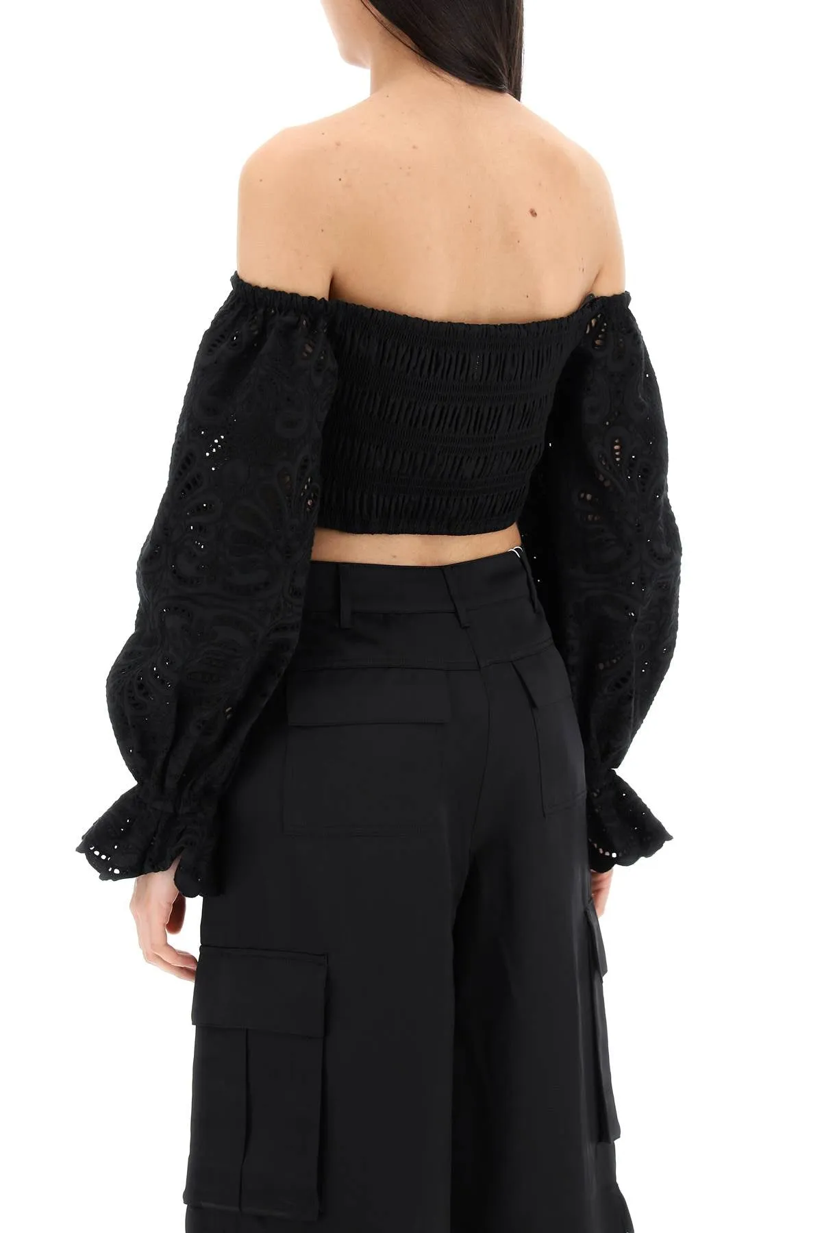 Self portrait off-shoulder top with sangallo SS24 196T B BLACK