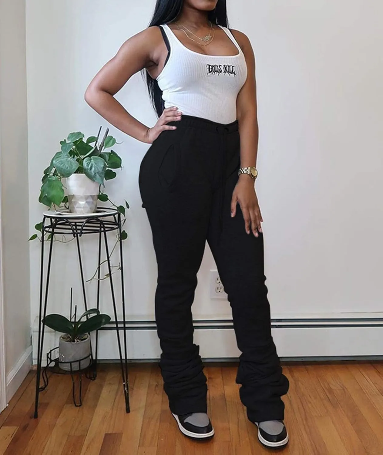 SEMATOMALA Women's Color Block Jogger Sweatpants Stacked Bell Bottom Skinny Active Workout Pants Legging with Pockets