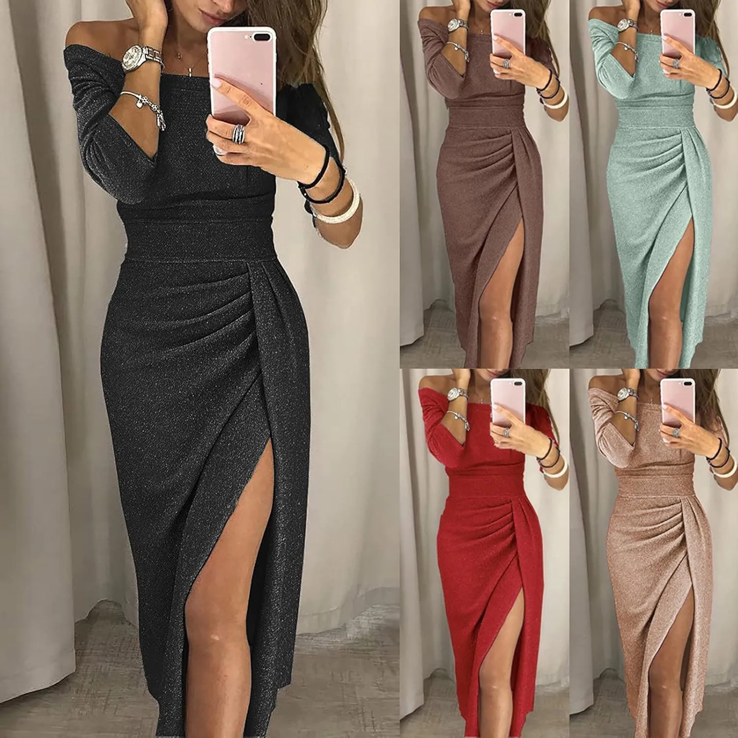 SERYU Women Fashion Sequins Strap Backless Camisole V-Neck High Slit Long Dress
