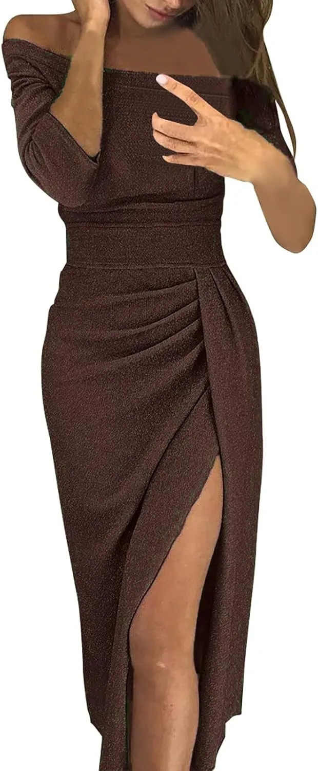 SERYU Women Fashion Sequins Strap Backless Camisole V-Neck High Slit Long Dress