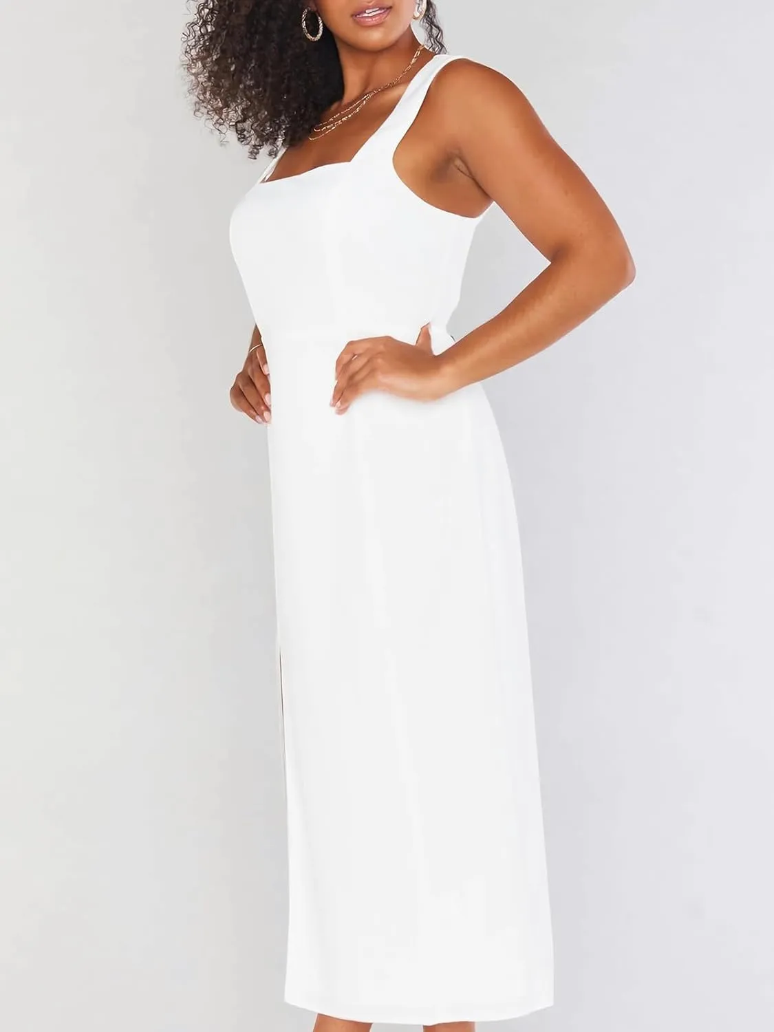 Sexy High Slit Bodycon Dress for Women, Solid Square Neck Sling Evening Dress