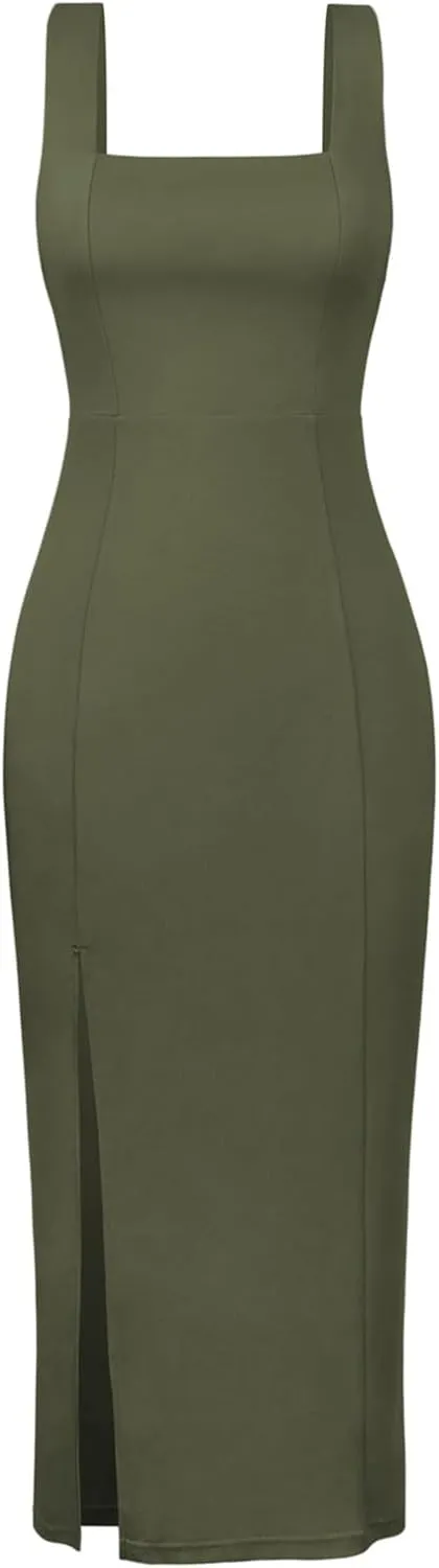 Sexy High Slit Bodycon Dress for Women, Solid Square Neck Sling Evening Dress