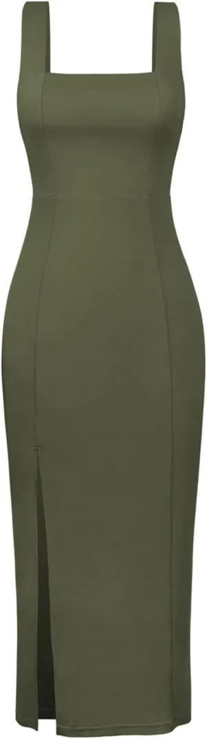 Sexy High Slit Bodycon Dress for Women, Solid Square Neck Sling Evening Dress