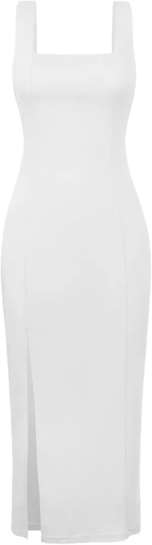Sexy High Slit Bodycon Dress for Women, Solid Square Neck Sling Evening Dress